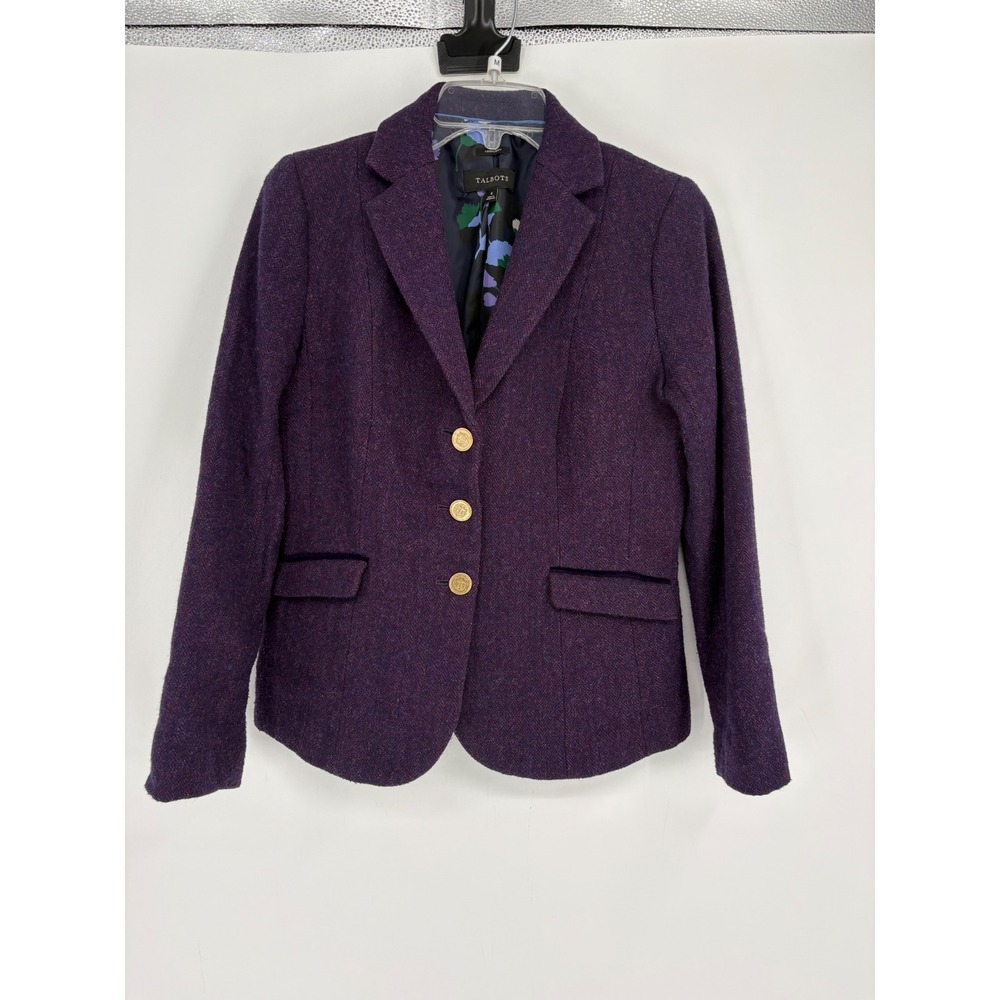 Talbots Blazer Womens 4 Purple Aberdeen Wool Herringbone Crest Button Jacket